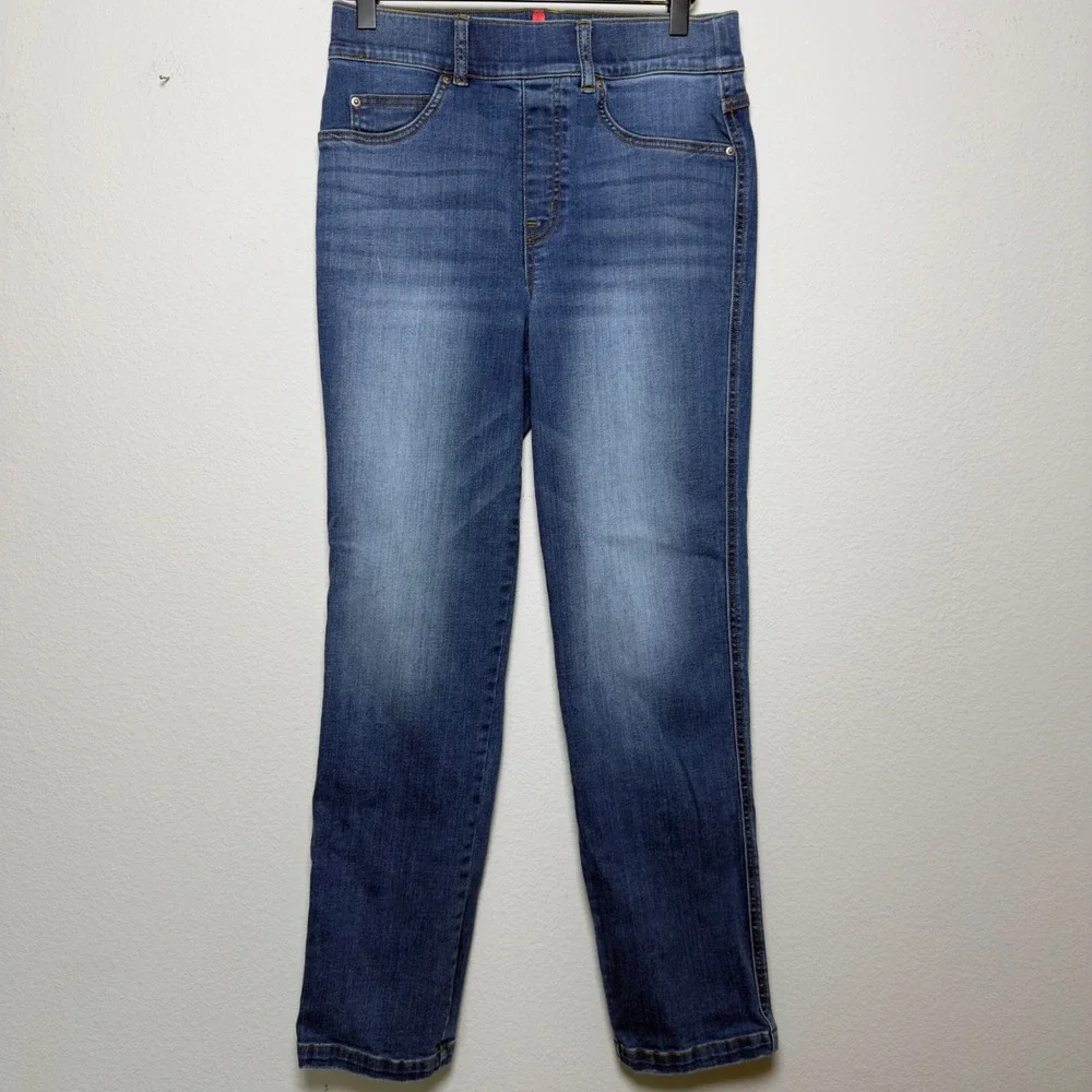 Spanx Women Jeans Medium Blue Pull On Ankle Straight Denim Comfort Elastic Waist
